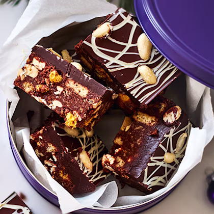 Honeycomb, salted peanut and popcorn tiffin