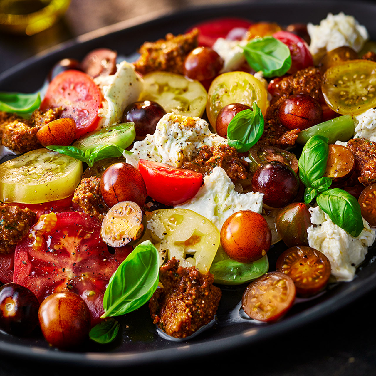 Harissa and Pistachio Pesto Tomato Caprese Salad