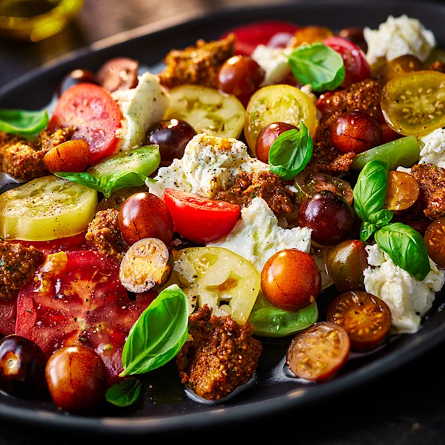 Harissa and Pistachio Pesto Tomato Caprese Salad