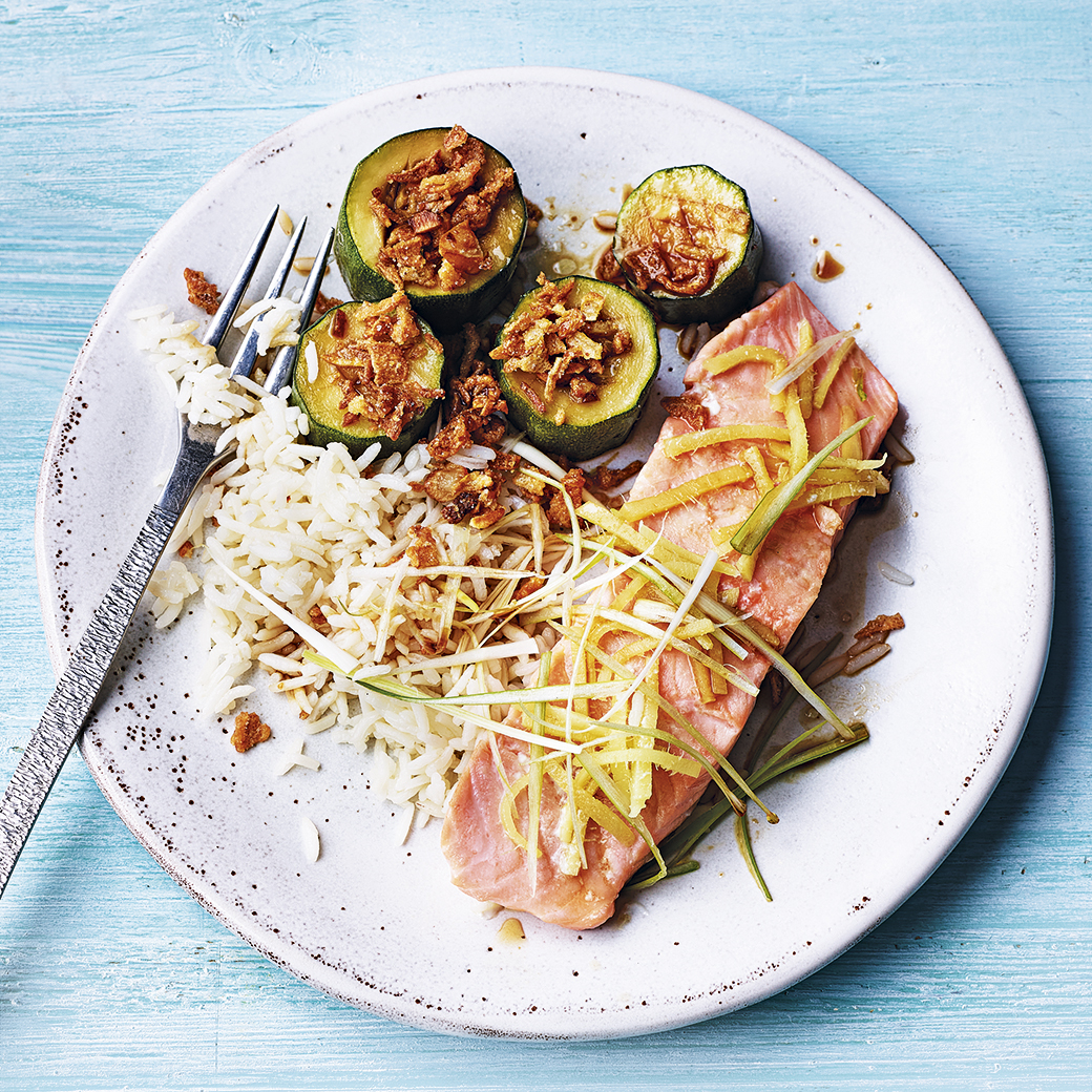 Steamed Salmon with Chilled Sweet Soy Courgettes