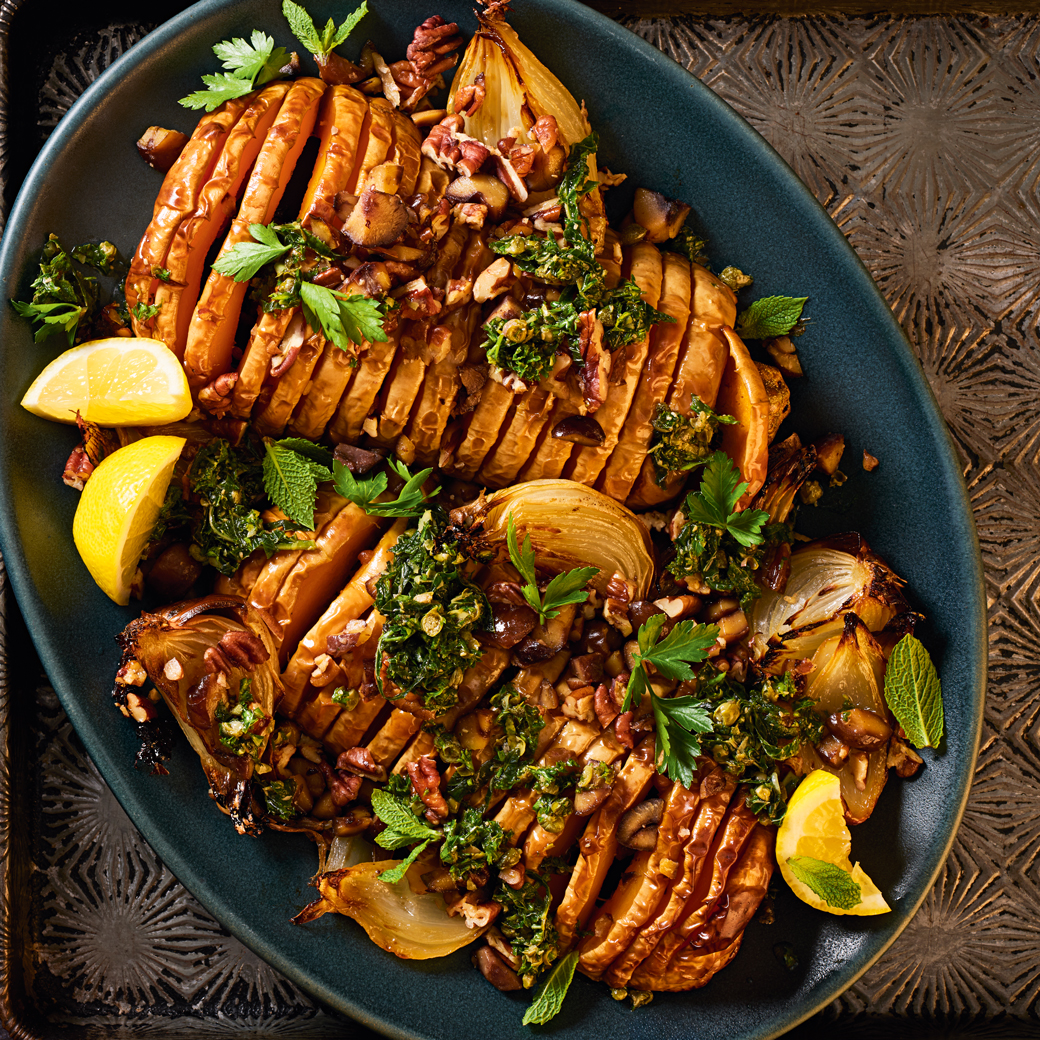 Hasselback Butternut Squash with Chestnuts, Pecans and Green Sauce 