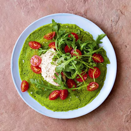 Herby Green Chickpea Pancakes with Houmous and Tomatoes