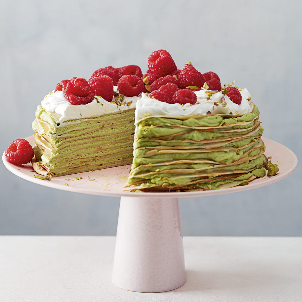 Matcha, White Chocolate, Raspberry and Pistachio Layered Crepe Cake