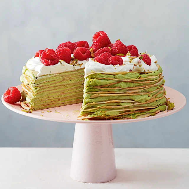 Matcha, White Chocolate, Raspberry and Pistachio Layered Crepe Cake