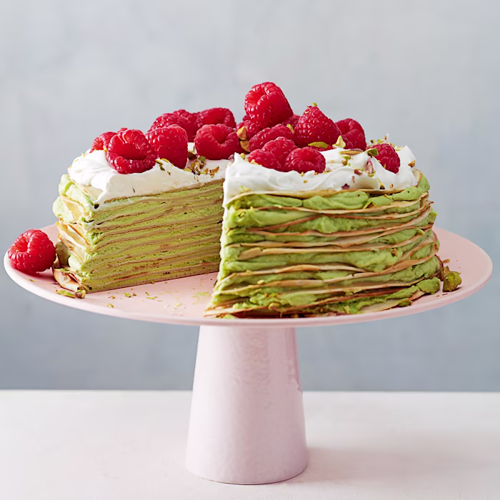 Matcha, White Chocolate, Raspberry and Pistachio Layered Crepe Cake