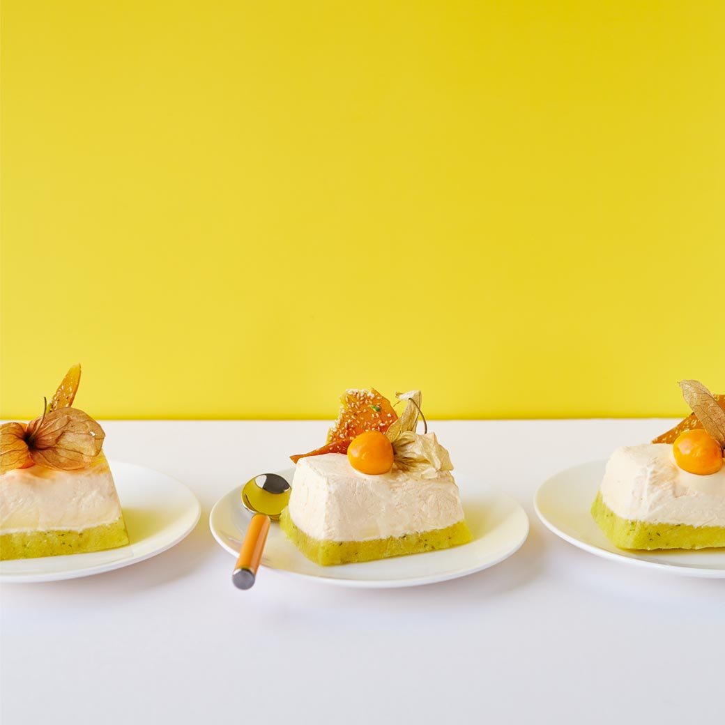 Pineapple Purée and Orange Semifreddo with Pistachio Brittle