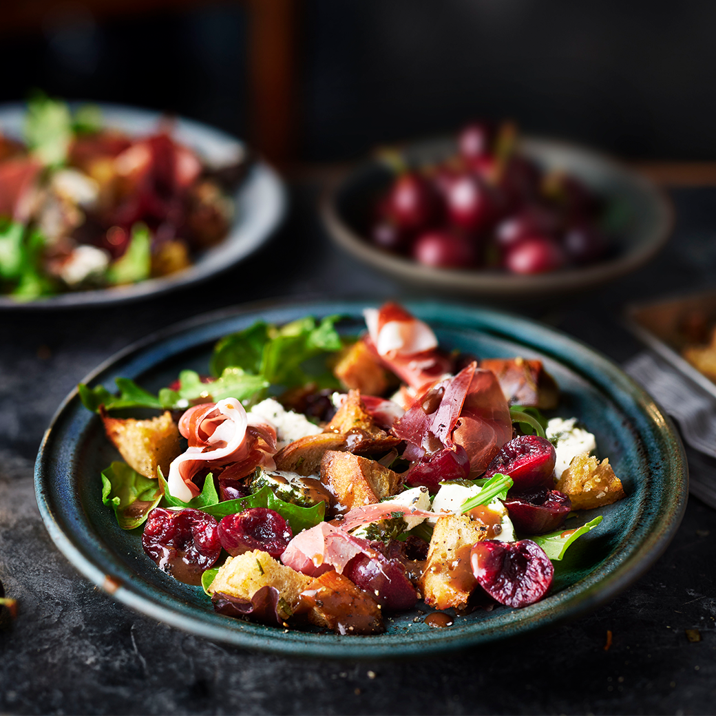 Cherry & Parma Ham Salad with Toasted Sourdough croutons