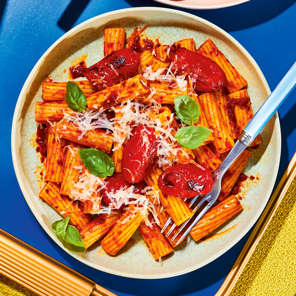 Vegan ’Nduja Rigatoni with Blistered Tomatoes and Basil