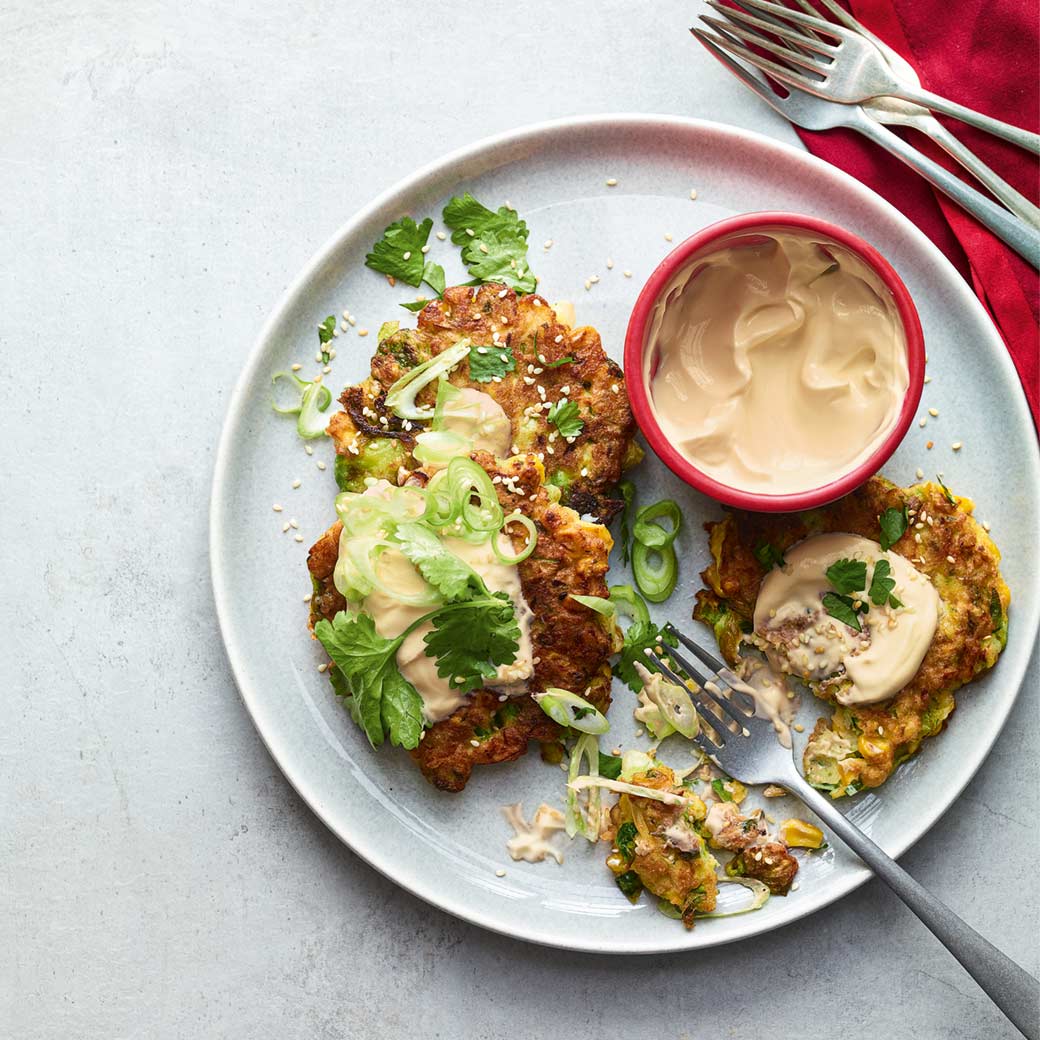 Halloumi, Brussels Sprout and Sweetcorn Fritters
