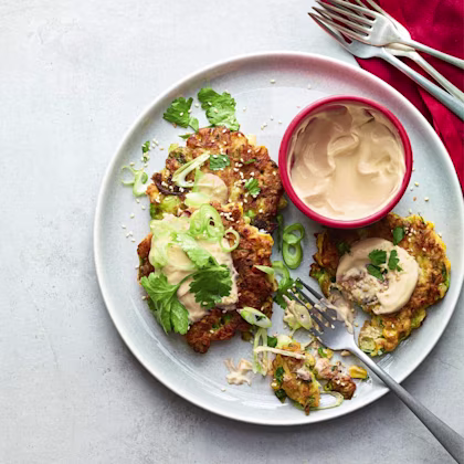 Halloumi, Brussels Sprout and Sweetcorn Fritters