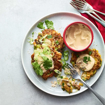 Halloumi, Brussels Sprout and Sweetcorn Fritters