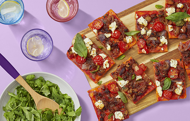 Sweet Potato Pizza with Crispy Sausage, Caramelised Onion and Goat's Cheese
