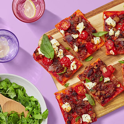 Sweet Potato Pizza with Crispy Sausage, Caramelised Onion and Goat's Cheese