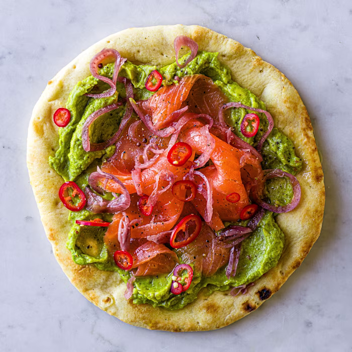 Smoked Salmon and Avocado Flatbread with Red Onion Pickle and Chilli