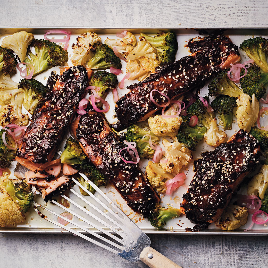 Sticky Black Bean-glazed Salmon with Roasted Florets