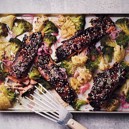 Sticky Black Bean-glazed Salmon with Roasted Florets