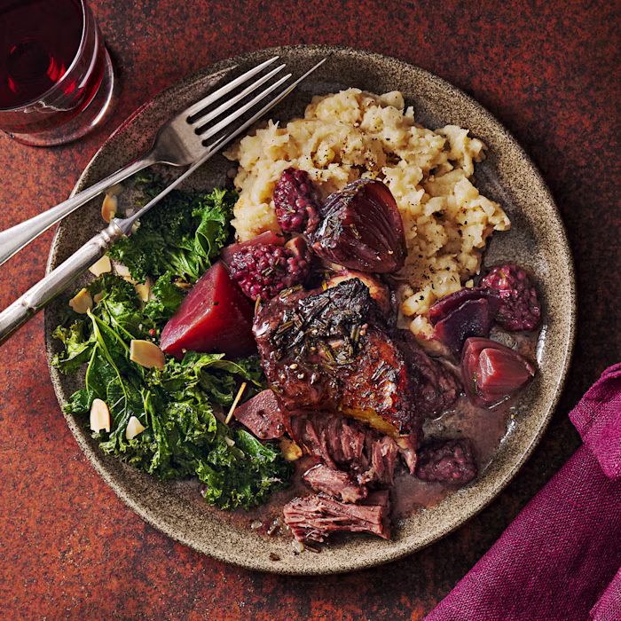 Braised Beef Short Ribs with Beetroot and Blackberry