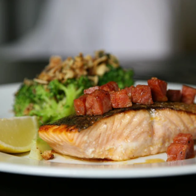 Pan Fried Salmon with Chorizo and Broccoli