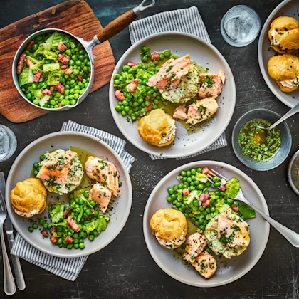 Confit Salmon, Petit Pois à la Française and Smoked Salmon Choux Bun