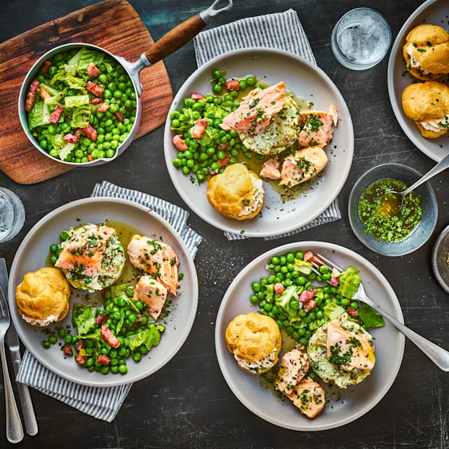 Confit Salmon, Petit Pois à la Française and Smoked Salmon Choux Bun