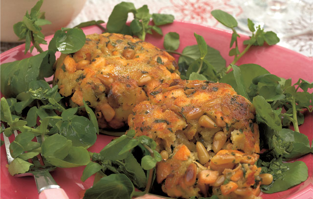 Fish Cakes with Lemon and Pine Nuts and Tomato, Yoghurt and Mint Sauce