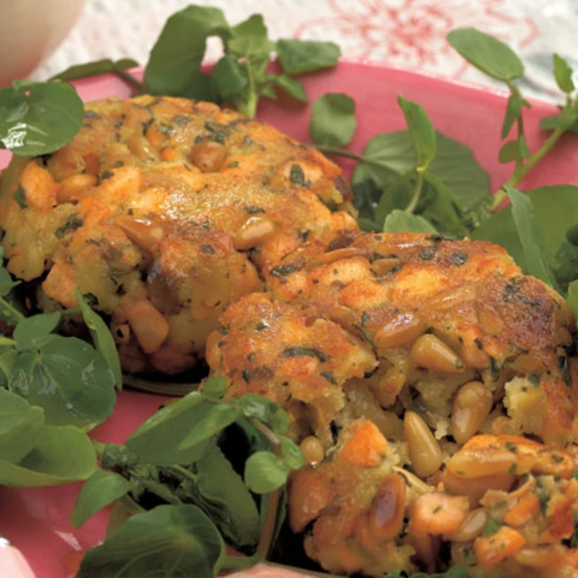Fish Cakes with Lemon and Pine Nuts and Tomato, Yoghurt and Mint Sauce