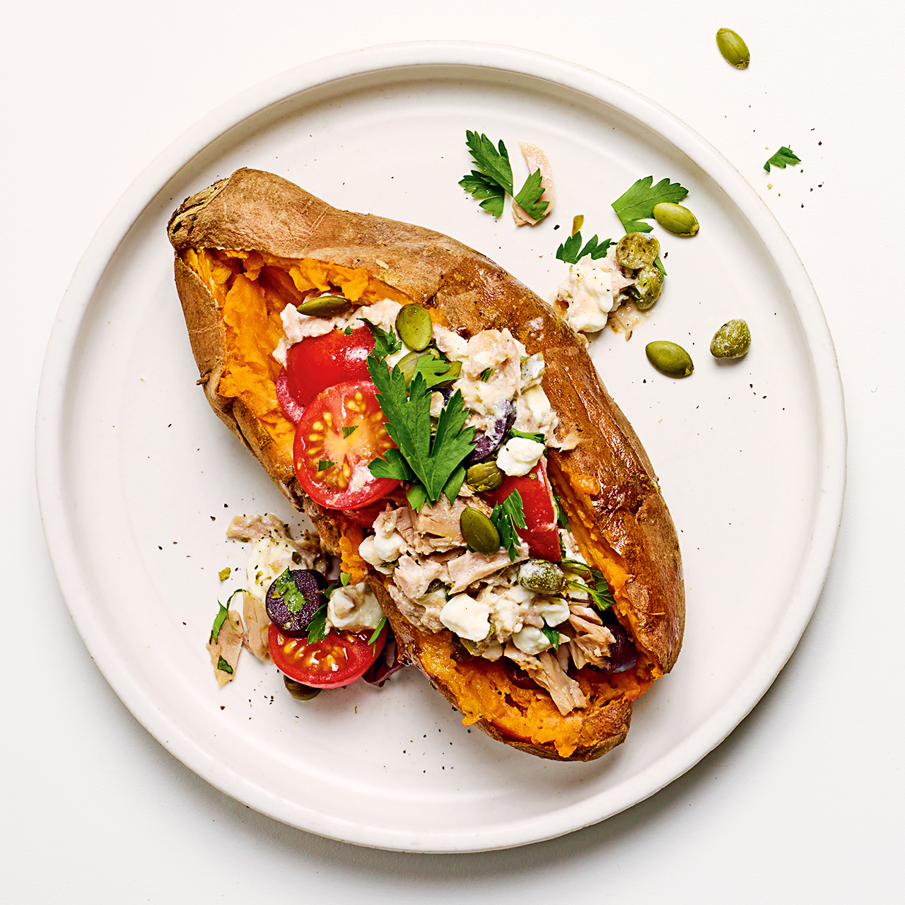 Cottage Cheese and Tuna Sweet Potato Jackets