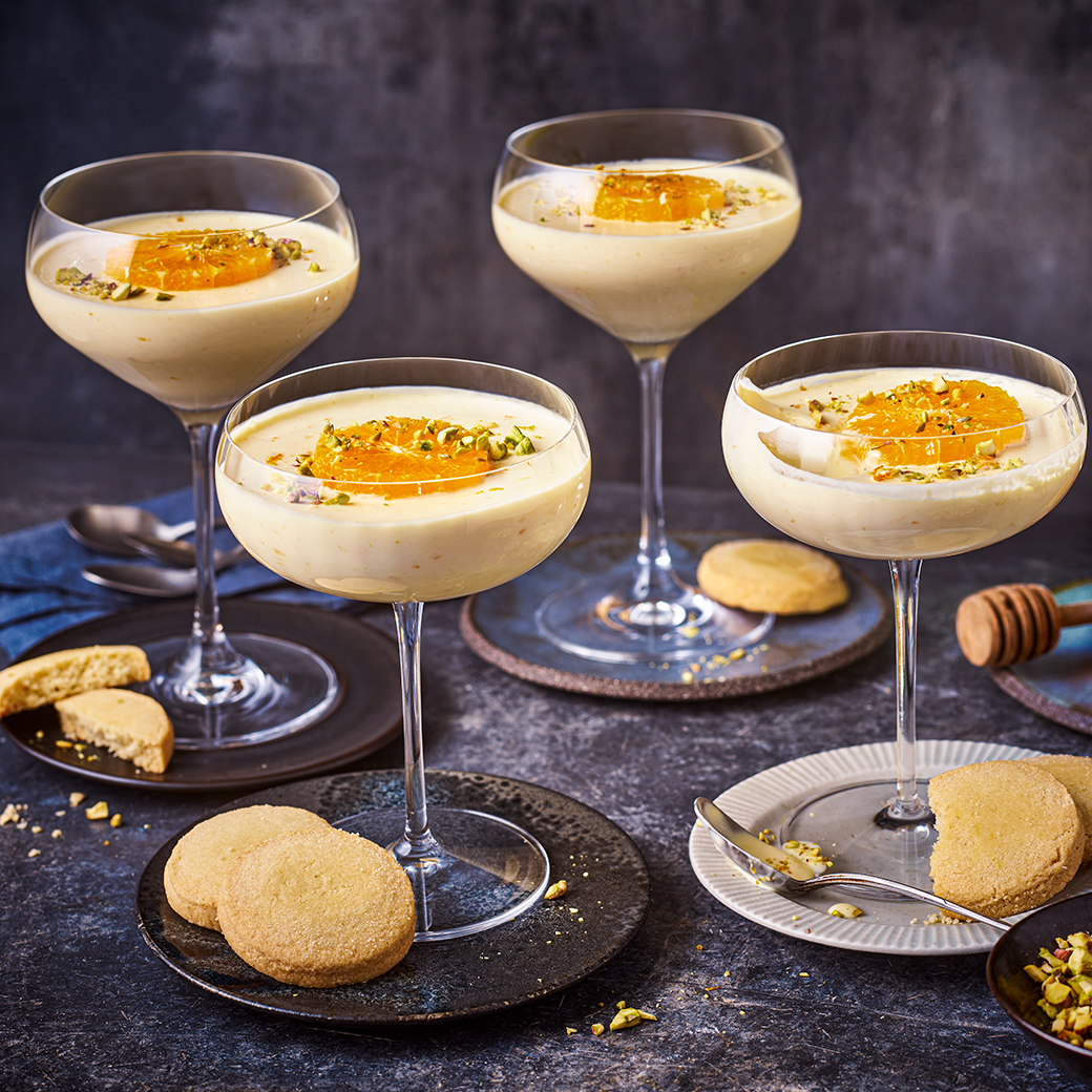 Tom Kerridge's Creamy Honey, Orange and Pistachio Possets