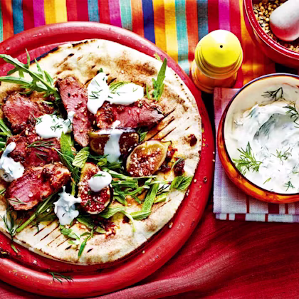 Grilled Sweet and Spicy Harissa Lamb with Flat Bread
