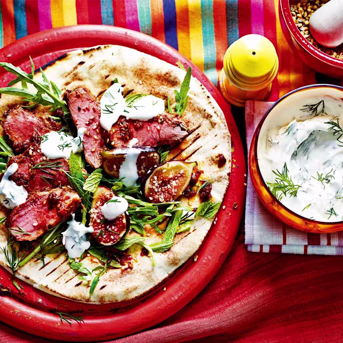 Grilled Sweet and Spicy Harissa Lamb with Flat Bread