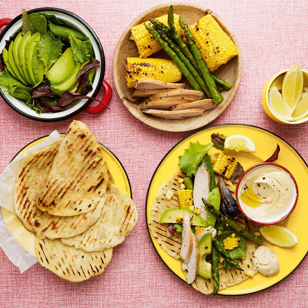 Yogurt flatbreads with smoked chicken and veg