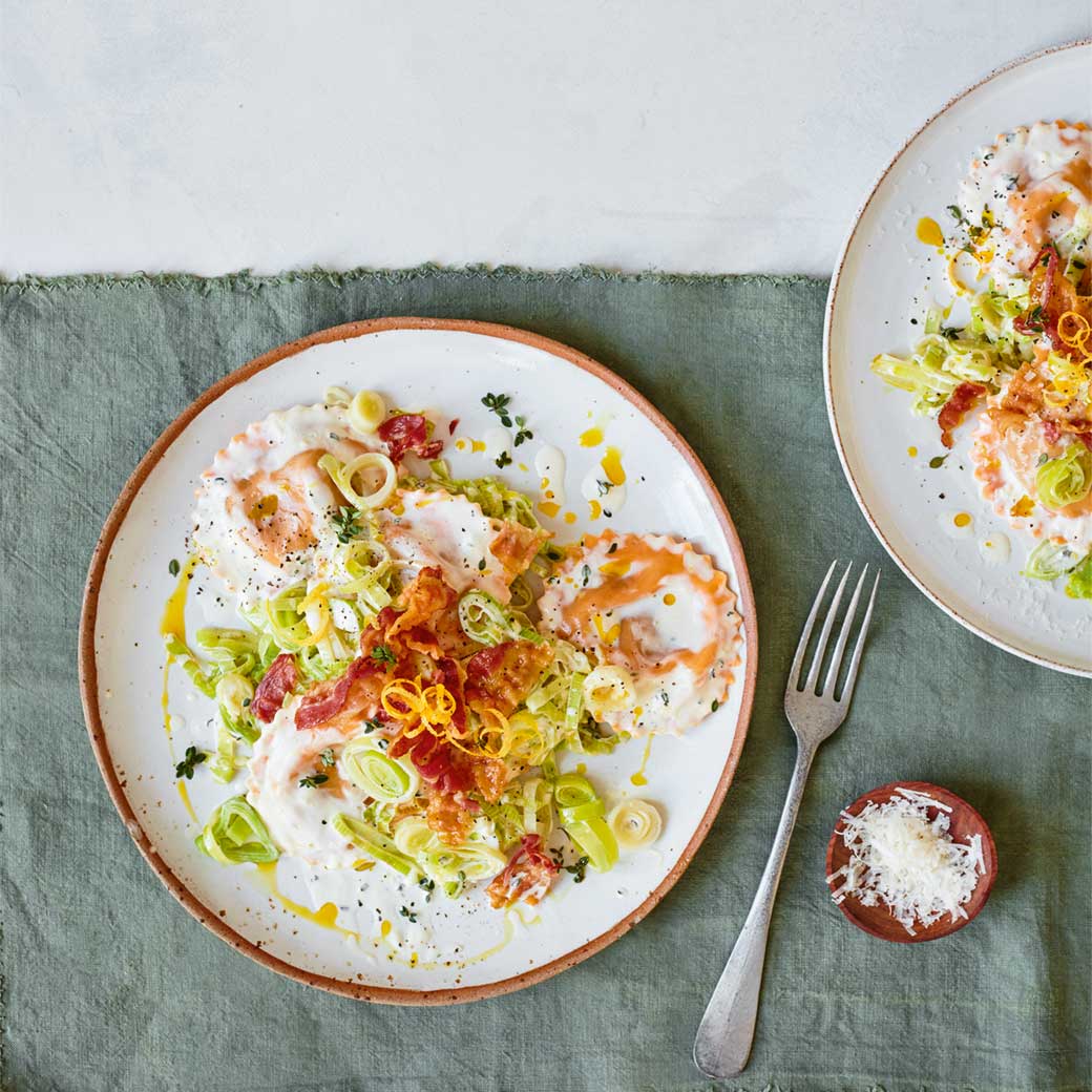 Squash Ravioli with Leek and Smoked Pancetta in a Crème Fraîche Sauce