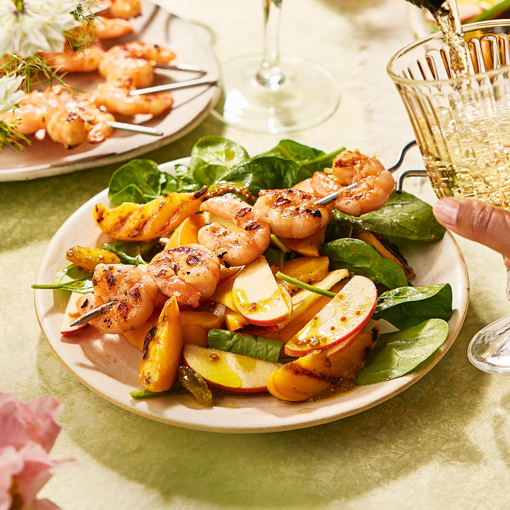 Charred Peach Salad with Garlic Prawns