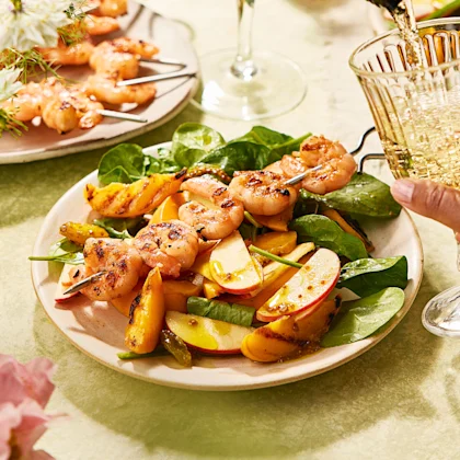 Charred Peach Salad with Garlic Prawns