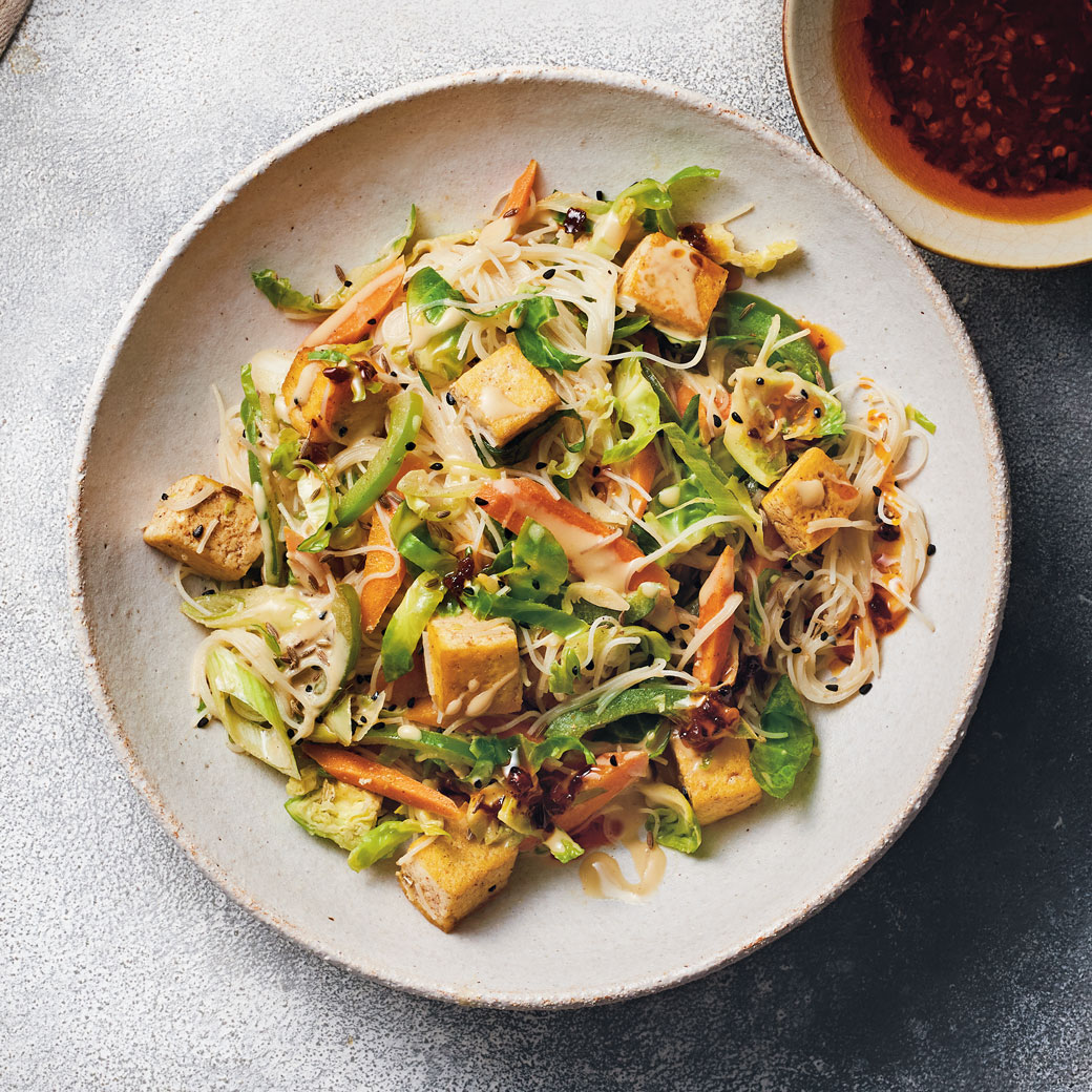 Tofu Stir-fry with Brussels Sprouts and Tahini Sauce 