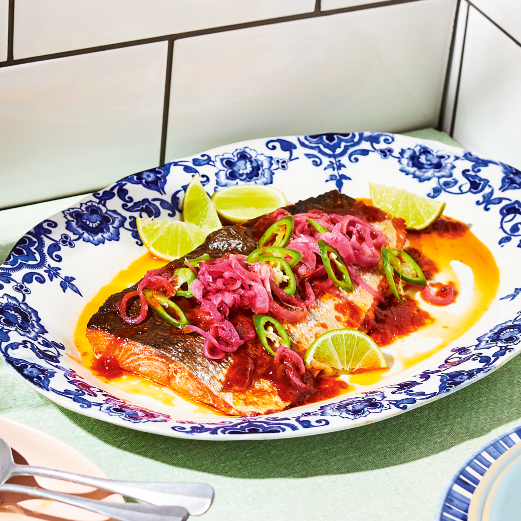 Hot Honey Butter Salmon with Pickles