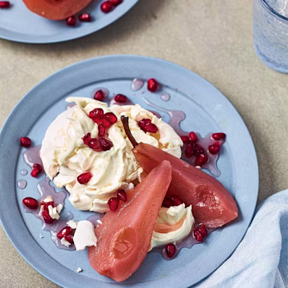 Poached Pear Pavlova with Vanilla Mascarpone Cream