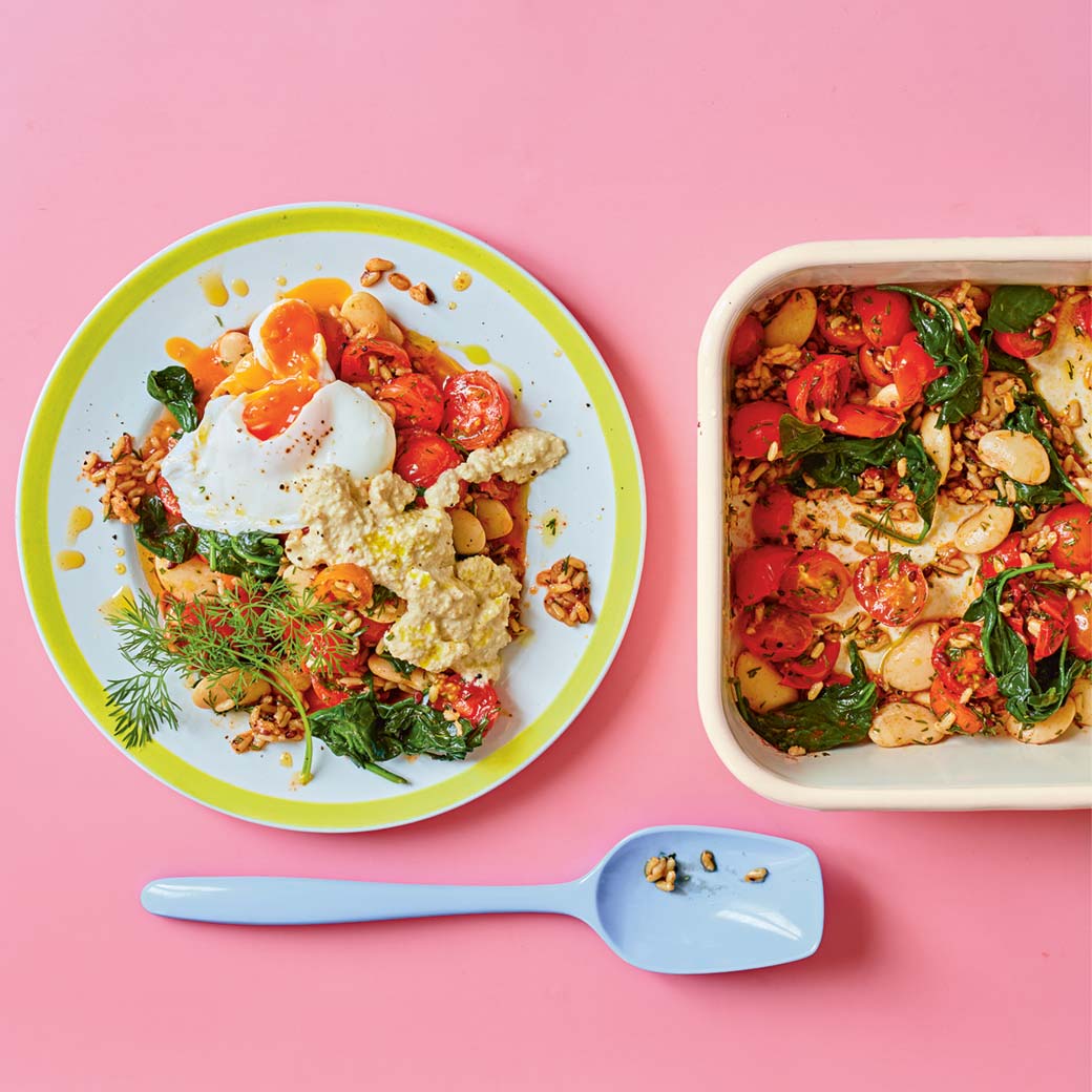 Cherry Tomato And Butterbean Bake With Cashew Cheese And Poached Egg