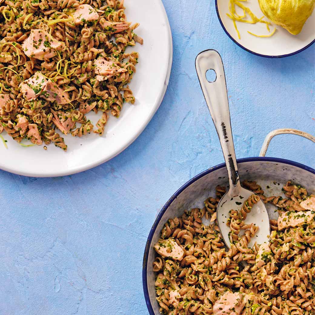 Kale Pesto and Salmon Spelt Pasta