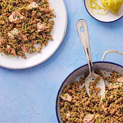 Kale Pesto and Salmon Spelt Pasta