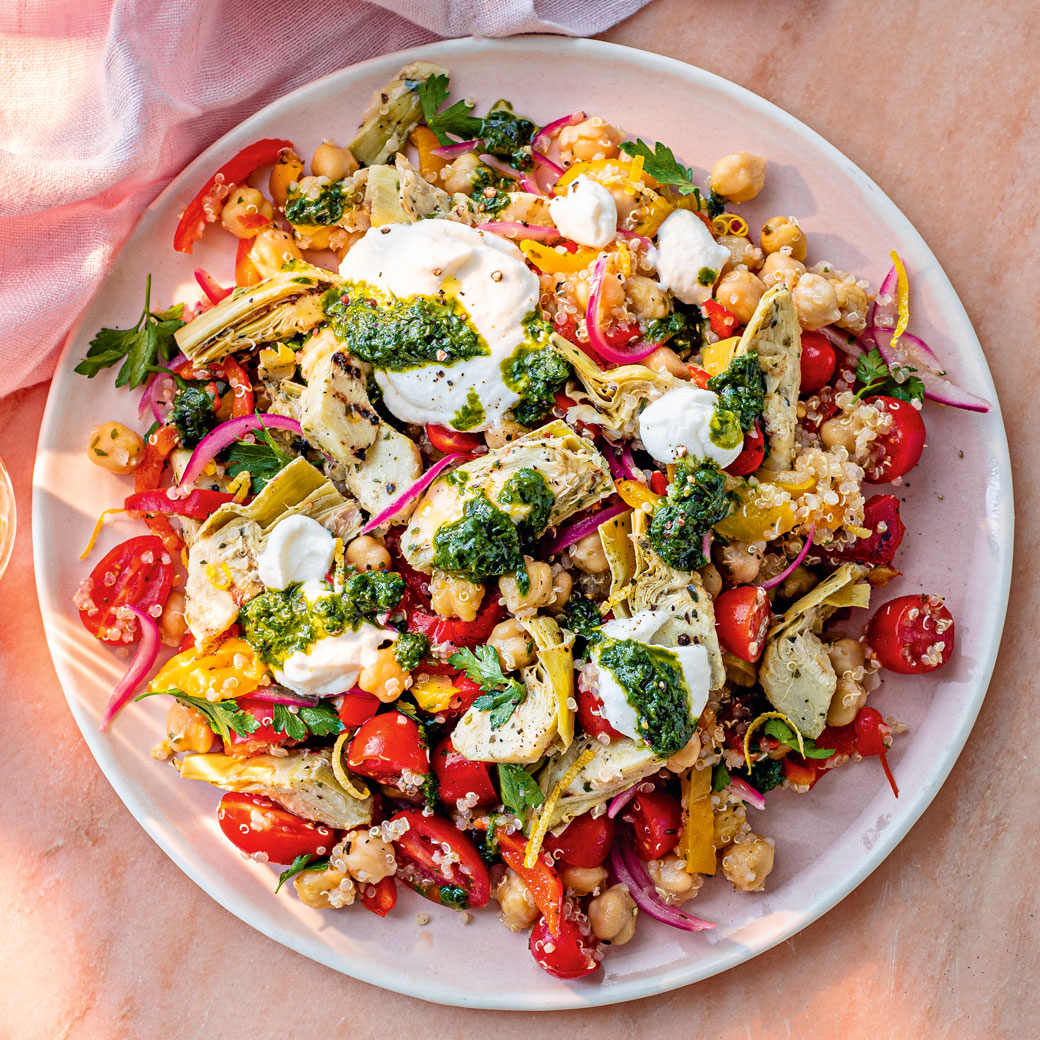 Artichoke and Chickpea Salad with Basil Sauce