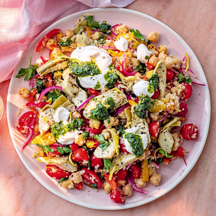 Artichoke and Chickpea Salad with Basil Sauce