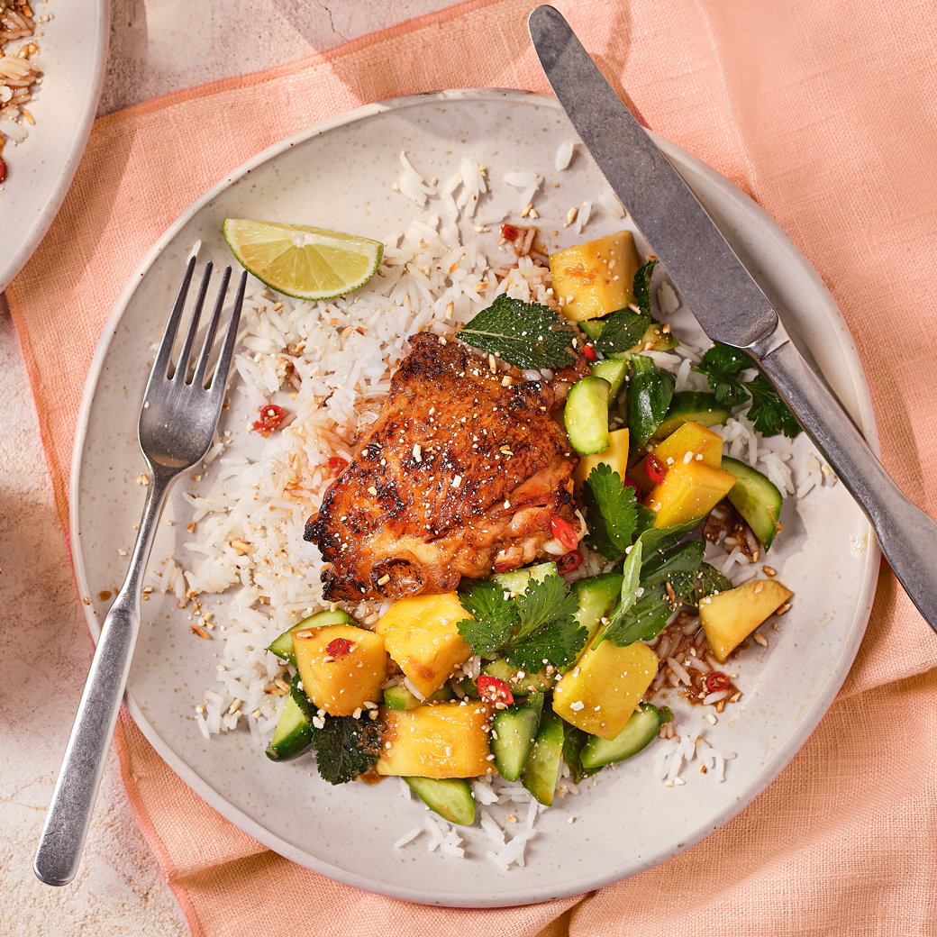 Lime Chicken with Herby Mango Cucumber Salad