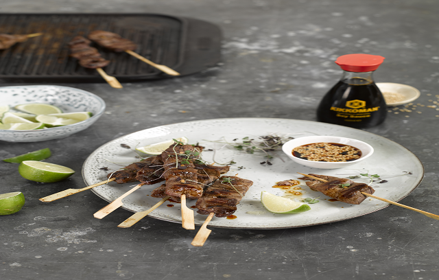 Soy Steak Ribbon Skewers With Roasted Sesame Soy Dipping Sauce
