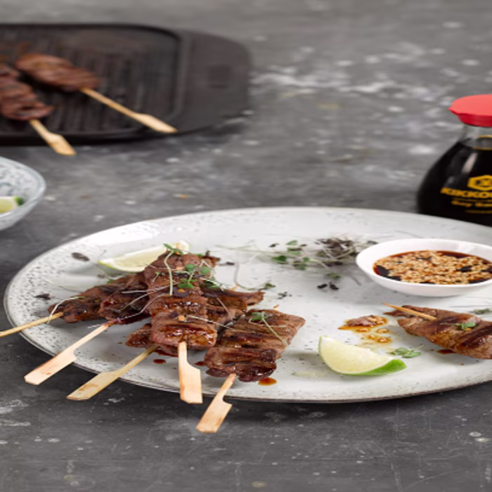 Soy Steak Ribbon Skewers With Roasted Sesame Soy Dipping Sauce