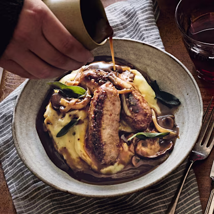Maple-and-Mustard-Glazed Sausages with Mushroom Gravy