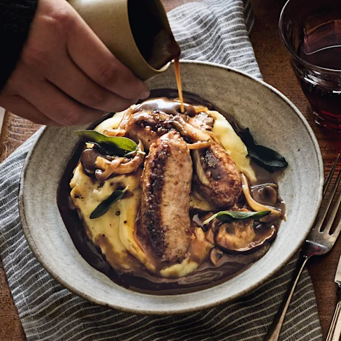 Maple-and-Mustard-Glazed Sausages with Mushroom Gravy