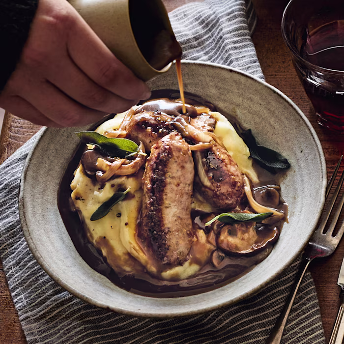 Maple-and-Mustard-Glazed Sausages with Mushroom Gravy