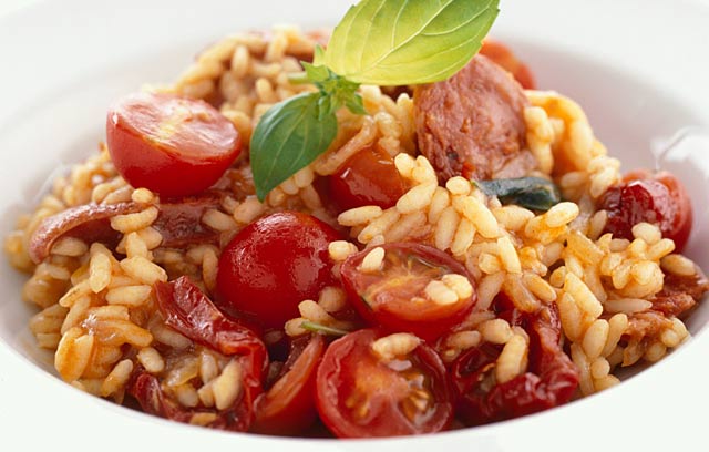Risotto with Cherry Tomato, Chorizo and Tabasco Sauce