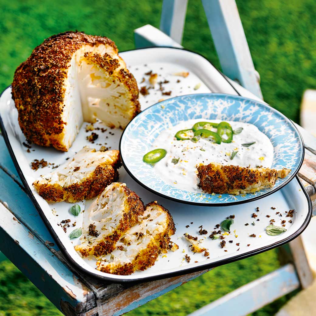 Whole BBQ cauliflower with a smoky spice rub